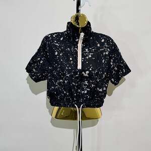 Short Sleeve High Collar Cropped Top Black Paint Splatter Print